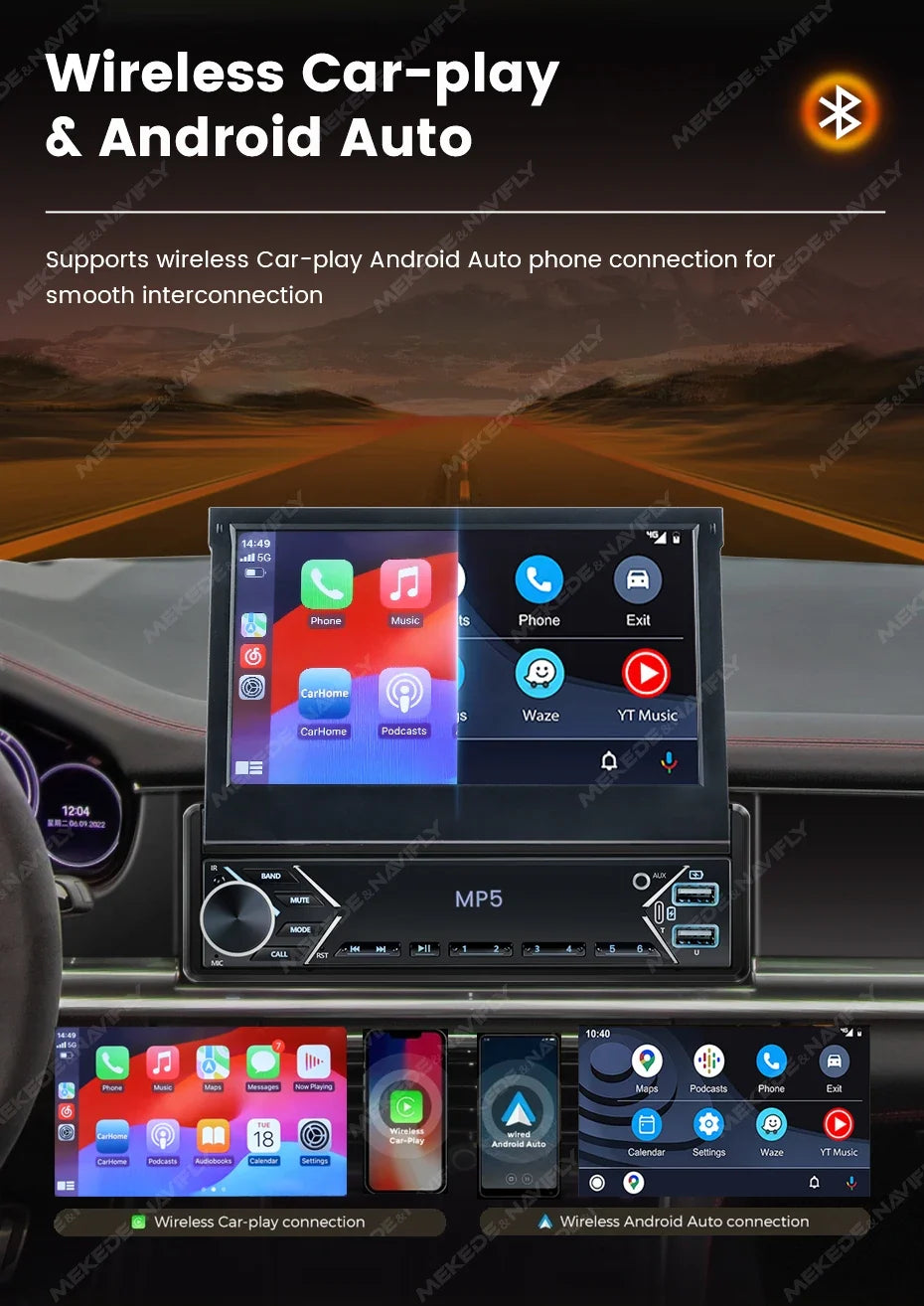 1-DIN 7" Retractable Car Stereo – Touch Screen MP5 Player with CarPlay