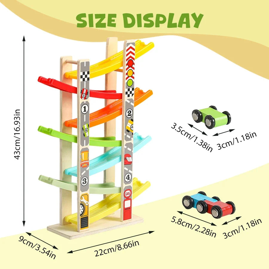 7-Track Wooden Ramp Racing Car Set, Montessori Toddler Toy Inertia Slide Roller Coaster Educational Gift