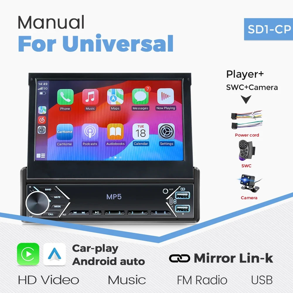 1-DIN 7" Retractable Car Stereo – Touch Screen MP5 Player with CarPlay