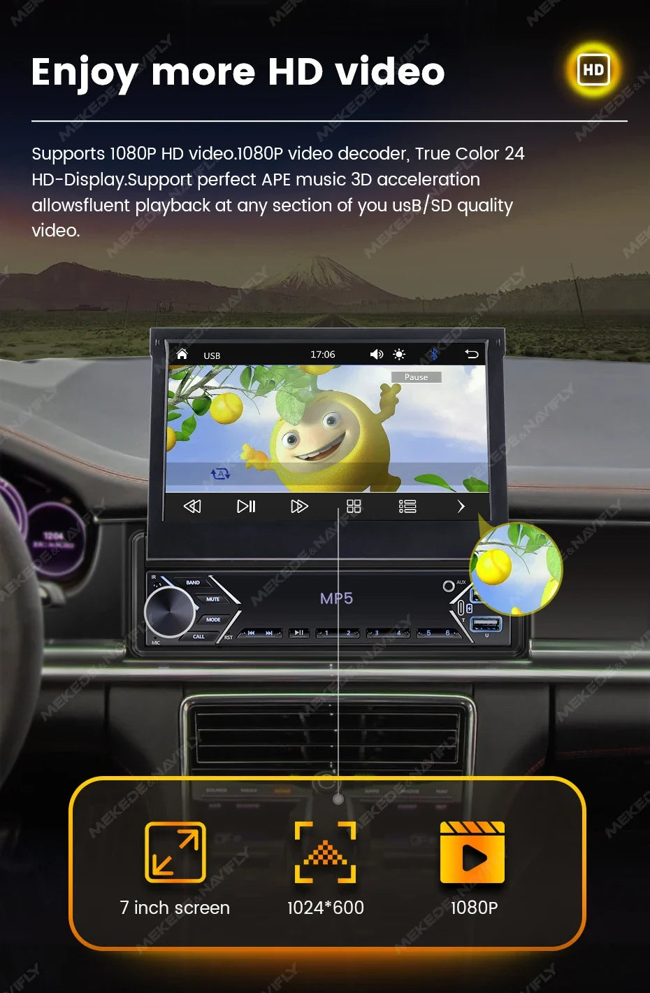 1-DIN 7" Retractable Car Stereo – Touch Screen MP5 Player with CarPlay