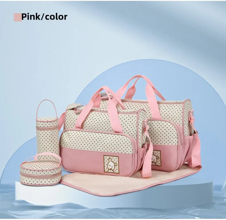 5-Piece Stylish Portable Mommy & Baby Bag – Large Capacity Diaper Bag with Built-in Changing Pad & Independent Bottle Compartment