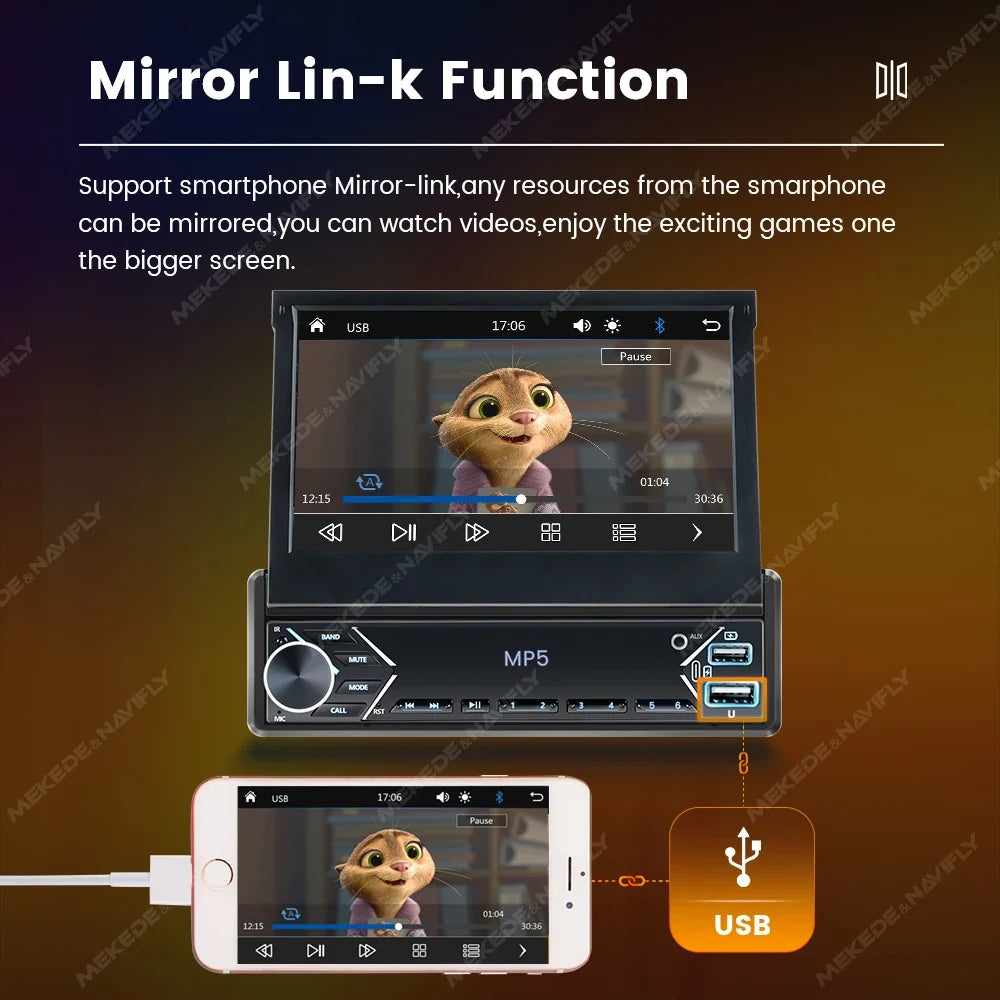 1-DIN 7" Retractable Car Stereo – Touch Screen MP5 Player with CarPlay