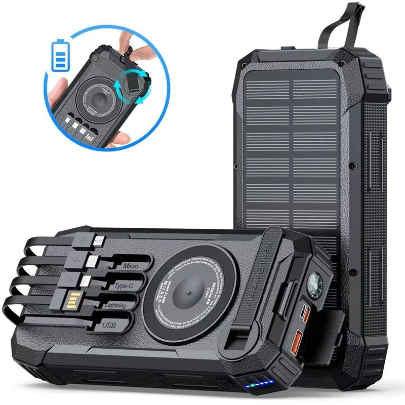 30000mAh Hand Crank Solar Power Bank Magnetic Wireless 22.5W Fast Charging for Airpods iWatch for iPhone 16 Powerbank with Light