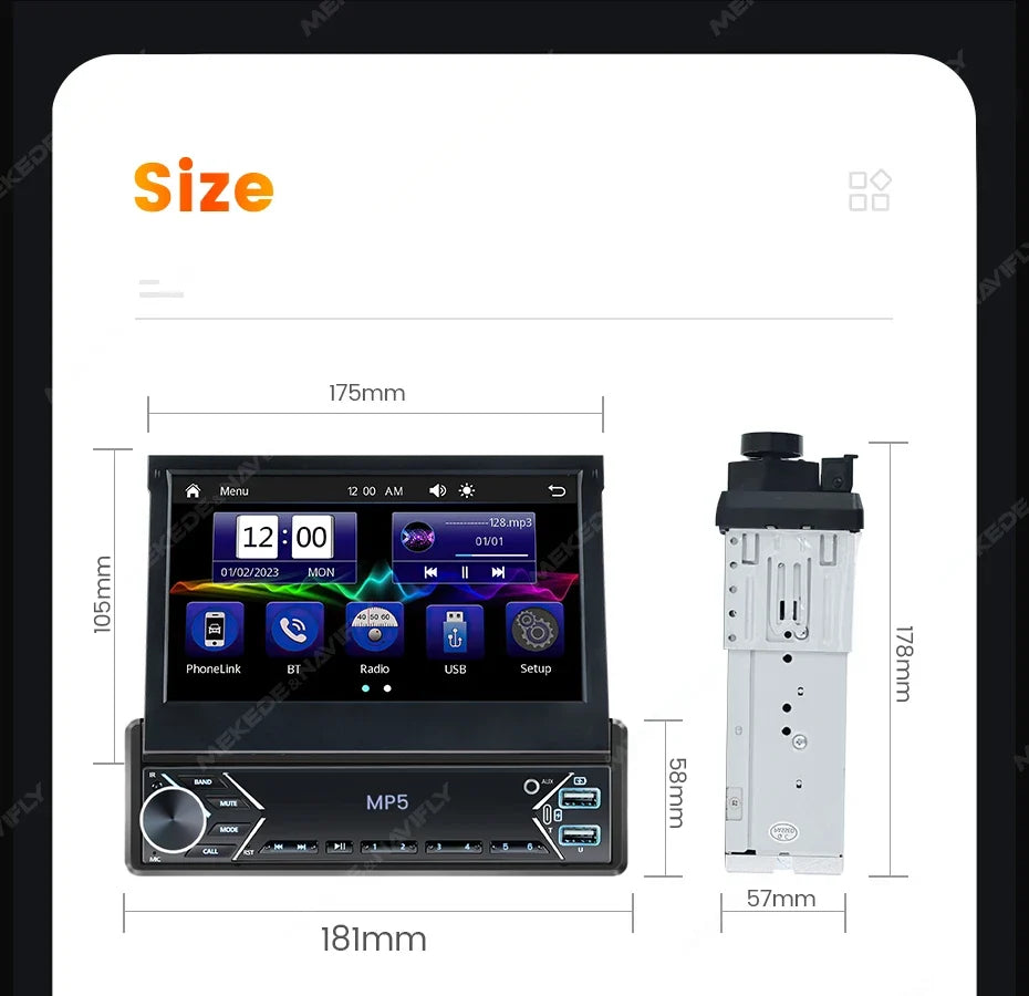 1-DIN 7" Retractable Car Stereo – Touch Screen MP5 Player with CarPlay