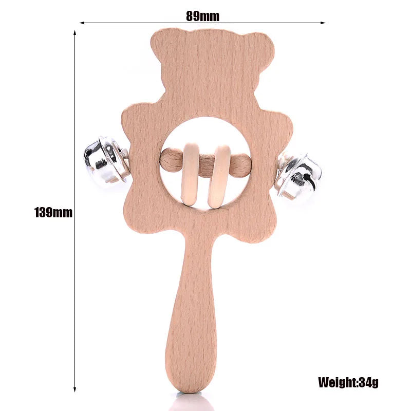 1-Pack Beech Wood Baby Teether - Wooden Animal Ring Nursing Pendant Rattle Chew Toy Rabbit Owl