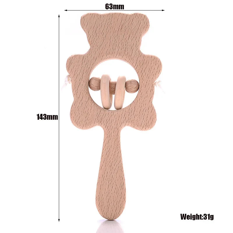 1-Pack Beech Wood Baby Teether - Wooden Animal Ring Nursing Pendant Rattle Chew Toy Rabbit Owl