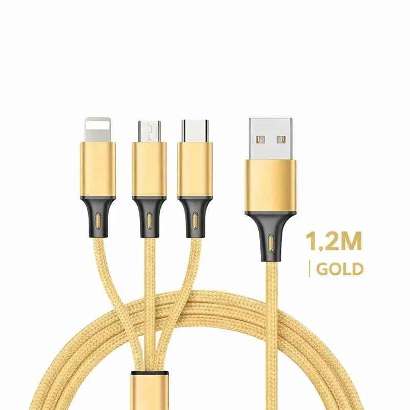 3 in 1 Multi Charging Cable 2.4A Type C Lightning Micro USB Charger Cord 1.2m for iPhone Samsung Xiaomi Android Phone Tablet