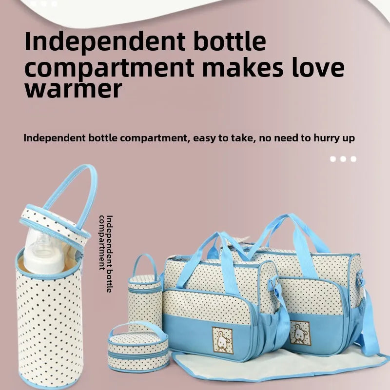 5-Piece Stylish Portable Mommy & Baby Bag – Large Capacity Diaper Bag with Built-in Changing Pad & Independent Bottle Compartment