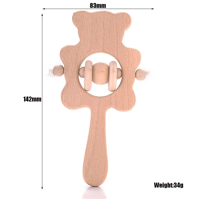 1-Pack Beech Wood Baby Teether - Wooden Animal Ring Nursing Pendant Rattle Chew Toy Rabbit Owl