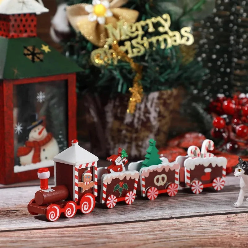 Hand-Painted Wooden Christmas Train Set Mini Tabletop Holiday Decorations