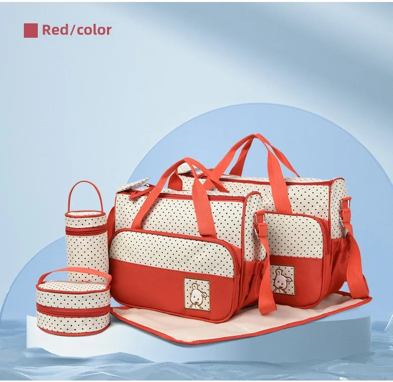 5-Piece Stylish Portable Mommy & Baby Bag – Large Capacity Diaper Bag with Built-in Changing Pad & Independent Bottle Compartment