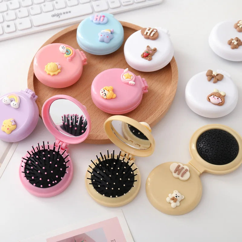 1PCS Cute Kid Hair Brush – Mini Cartoon Bear Hair Comb with Mirror, Portable Massage Comb for Girls