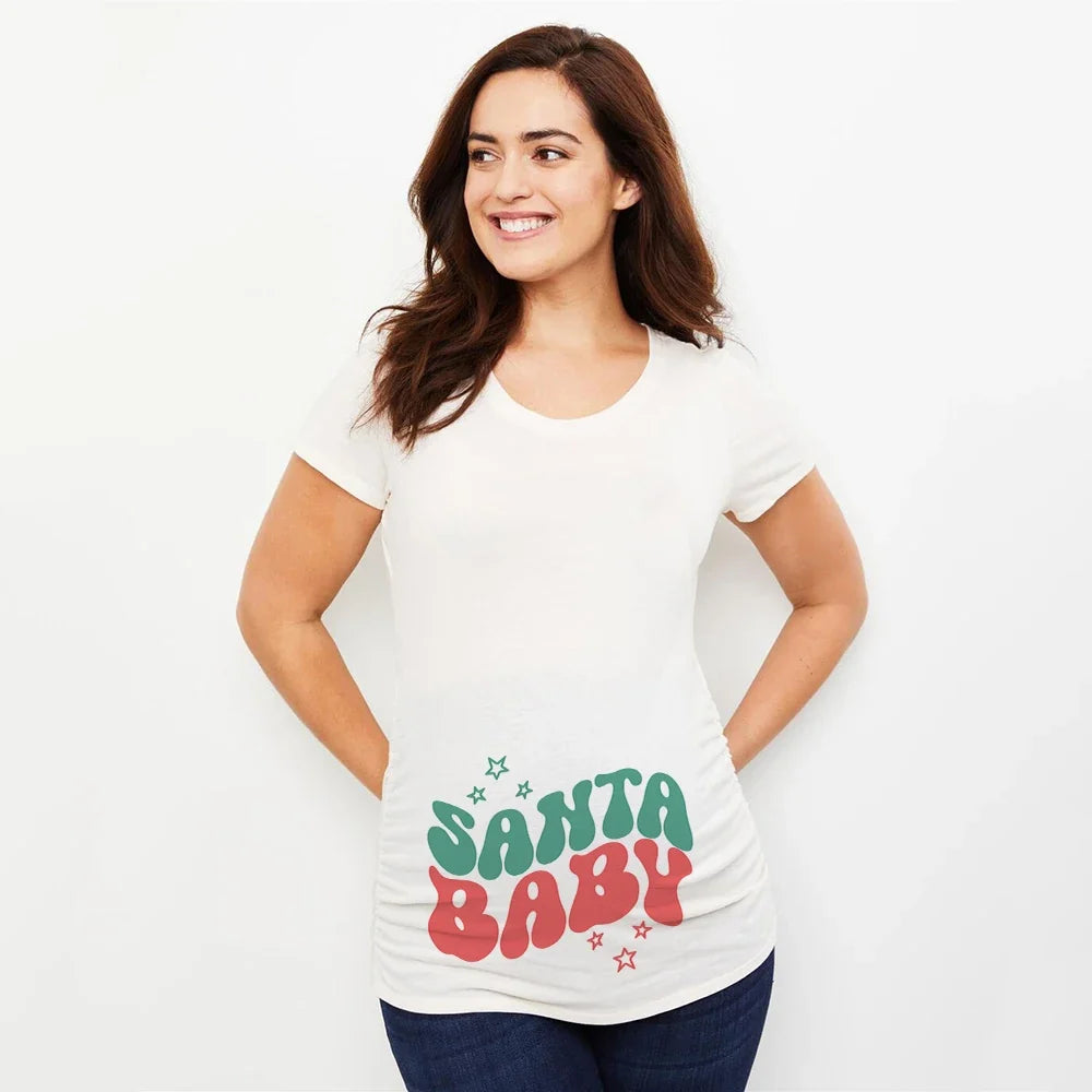 Christmas Santa Baby Print Maternity T-shirt Xmas Casual Pregnant Clothes Pregnancy Announcement T-shirt for Pregnant Women
