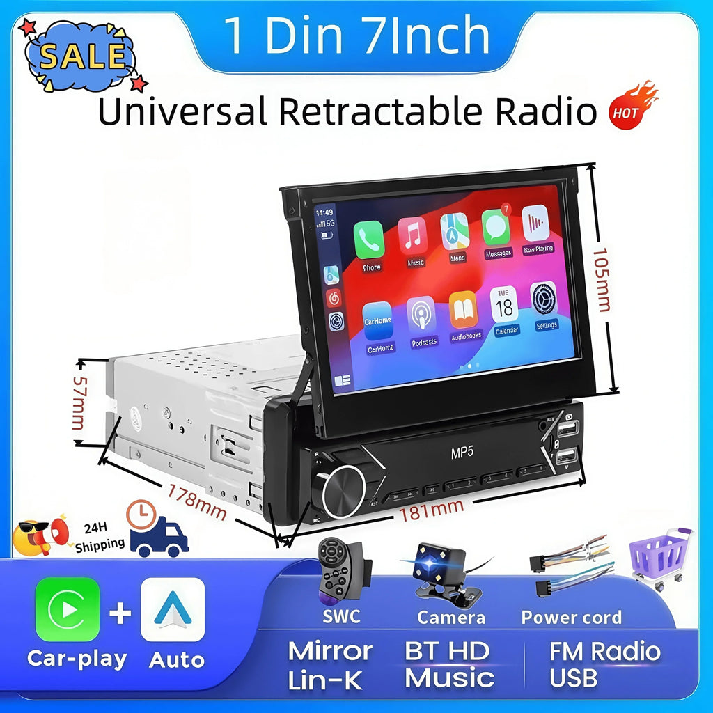 1-DIN 7" Retractable Car Stereo – Touch Screen MP5 Player with CarPlay