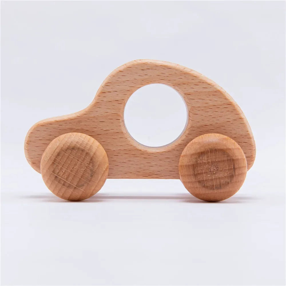 Beech Wood Cartoon Dinosaur Car Teether Montessori Wooden Baby Toy for Teething & Grip Development