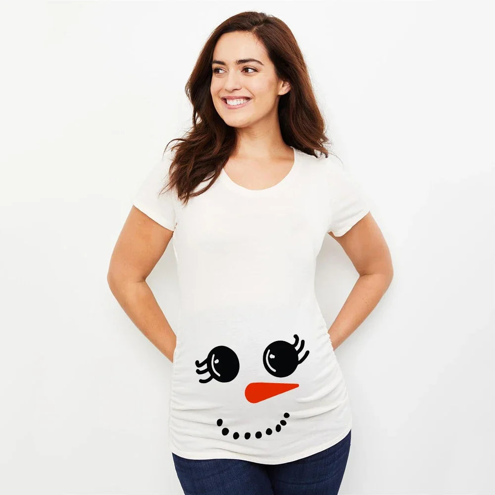 Christmas Pregnant Women T-shirt Snowman Cartoon Printed Pregnancy Announcement Clothes Maternity White Short Sleeve Top