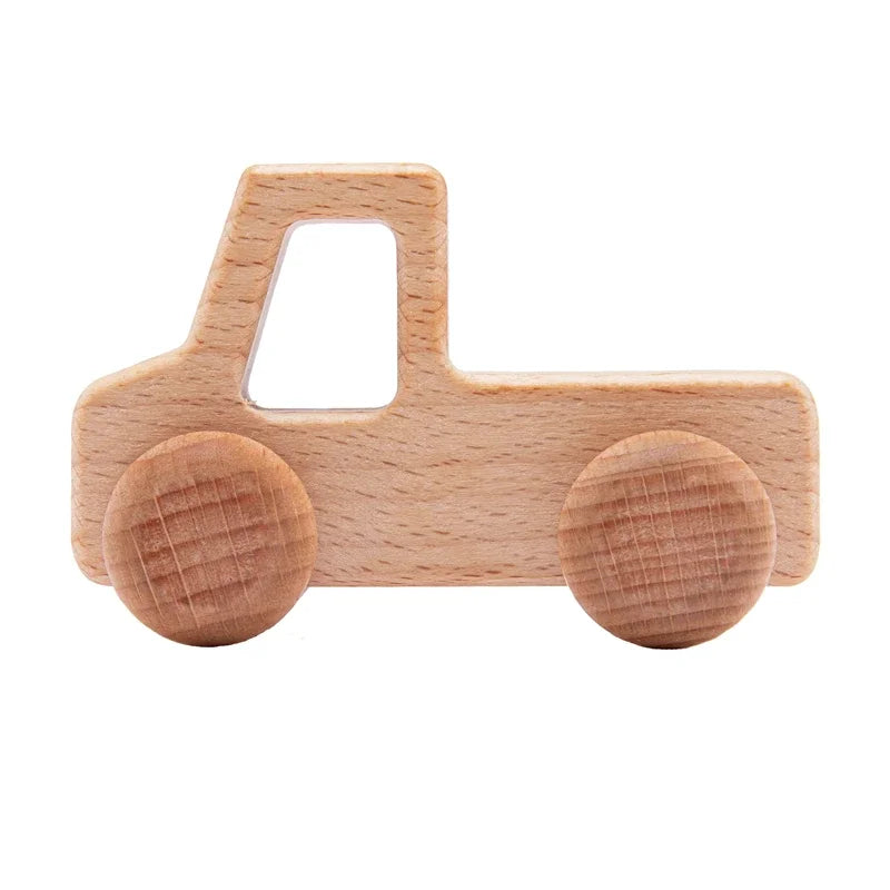 Beech Wood Cartoon Dinosaur Car Teether Montessori Wooden Baby Toy for Teething & Grip Development