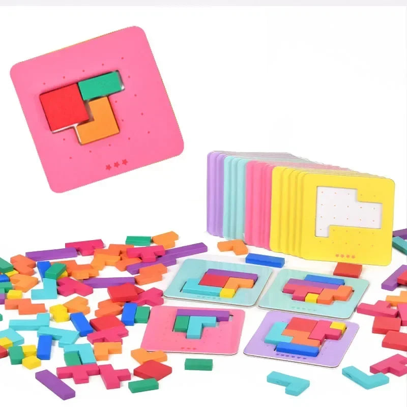 Montessori Tangram & Building Blocks 128-Piece Desktop Puzzle Battle Game for Kids – Color Shape Math Toy
