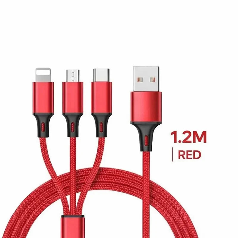 3 in 1 Multi Charging Cable 2.4A Type C Lightning Micro USB Charger Cord 1.2m for iPhone Samsung Xiaomi Android Phone Tablet