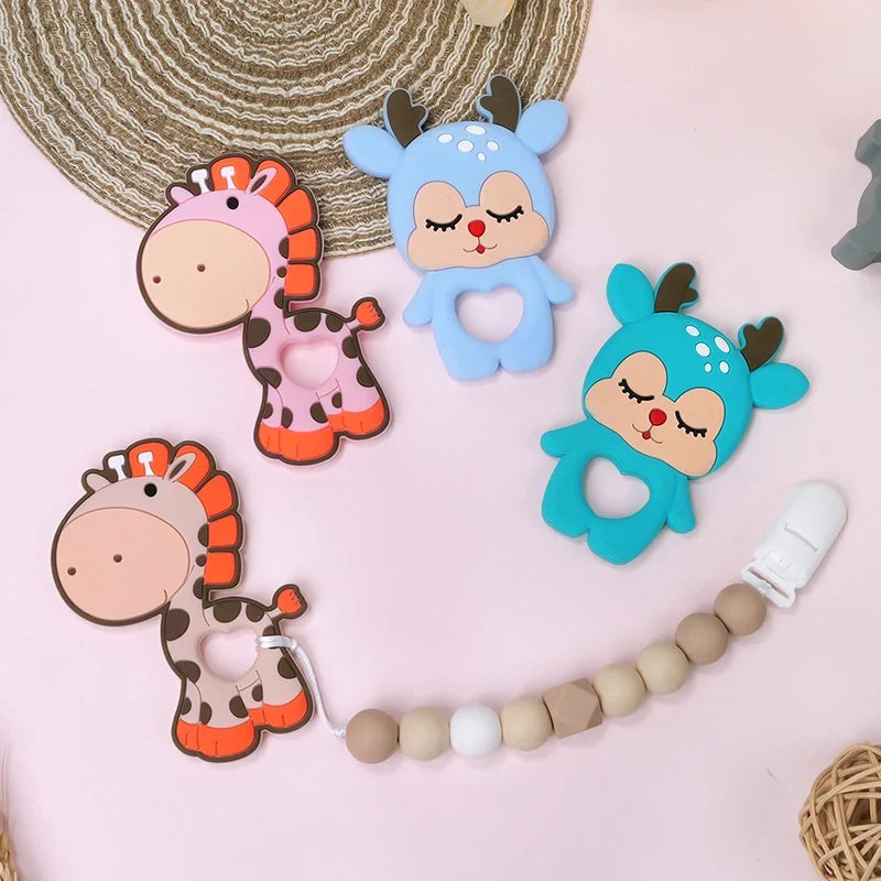 TYRY.HU 1Pc Baby Silicone Teether - BPA-Free Cartoon Frog & Deer Teething Necklace Pendant, Nursing Teeth Gift, Baby Silicone Teether