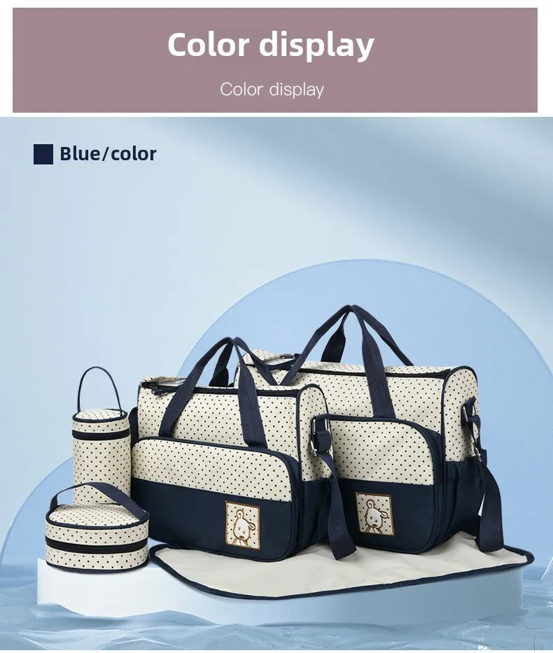 5-Piece Stylish Portable Mommy & Baby Bag – Large Capacity Diaper Bag with Built-in Changing Pad & Independent Bottle Compartment