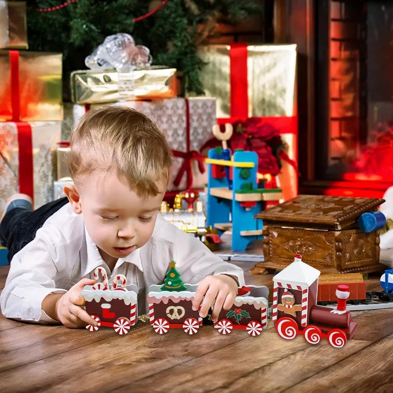 Hand-Painted Wooden Christmas Train Set Mini Tabletop Holiday Decorations