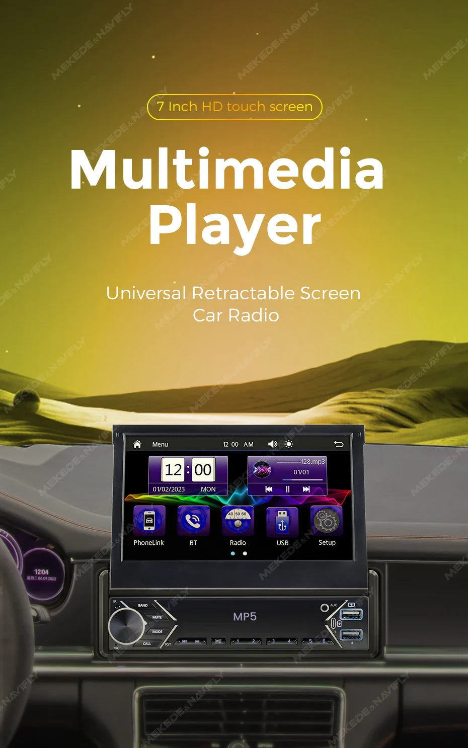 1-DIN 7" Retractable Car Stereo – Touch Screen MP5 Player with CarPlay