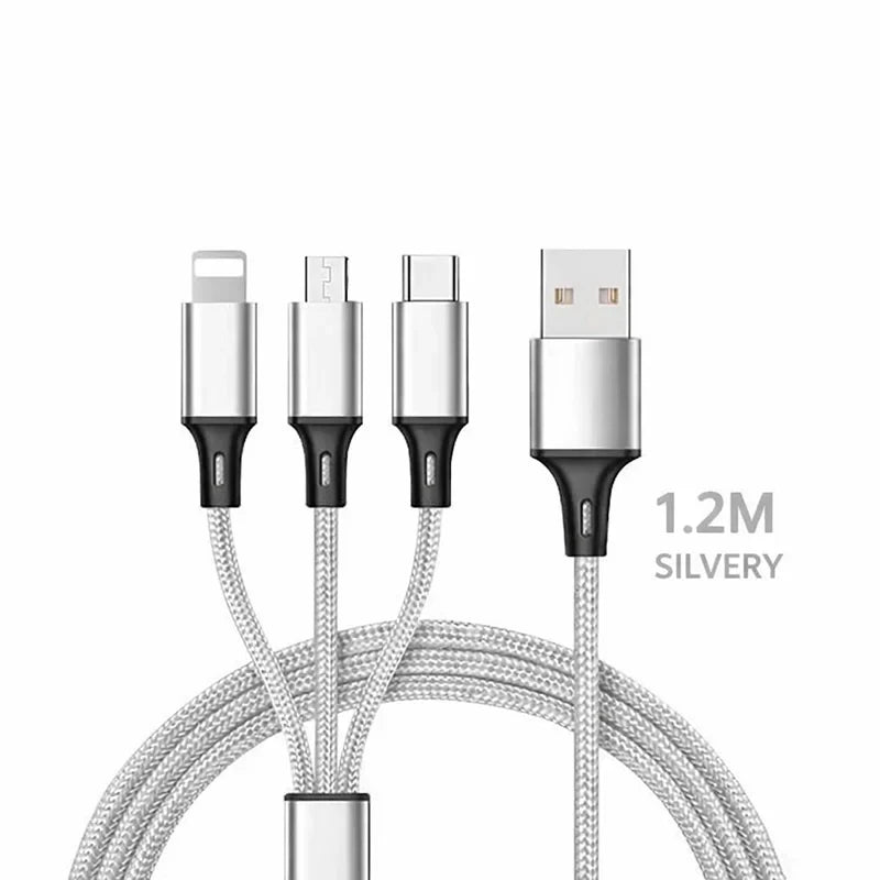 3 in 1 Multi Charging Cable 2.4A Type C Lightning Micro USB Charger Cord 1.2m for iPhone Samsung Xiaomi Android Phone Tablet