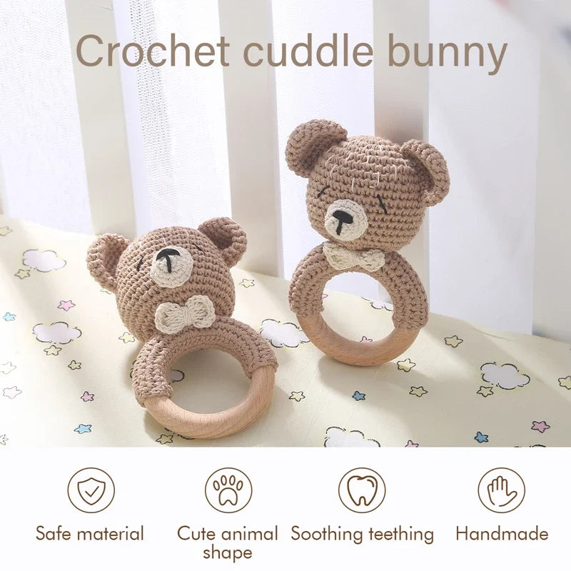 1pc Baby Rattles - Crochet Bunny Rattle Toy, Wood Ring Baby Teether, Rodent Baby Gym Mobile, Newborn Educational Toys Gift