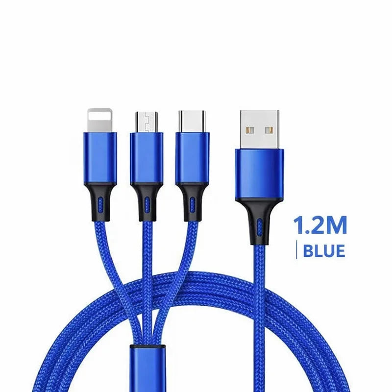 3 in 1 Multi Charging Cable 2.4A Type C Lightning Micro USB Charger Cord 1.2m for iPhone Samsung Xiaomi Android Phone Tablet