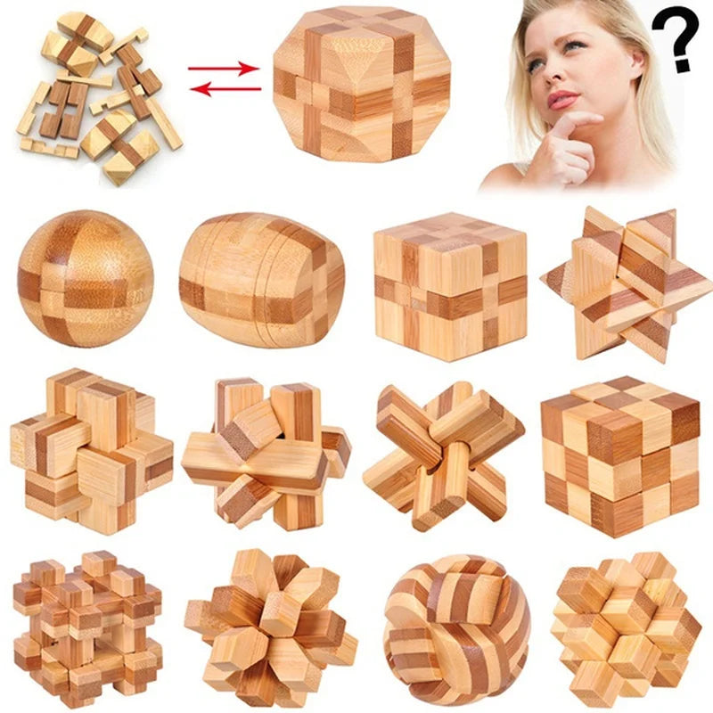Kong Ming Lock 3D Wooden Brain Teaser Puzzle Interlocking Burr IQ Game for Adults & Kids
