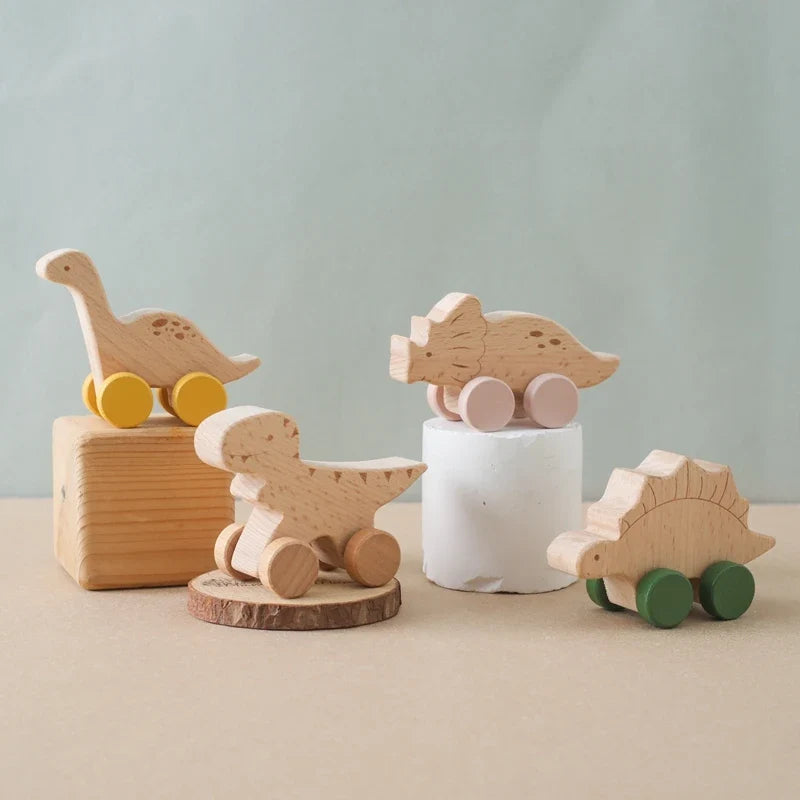 Beech Wood Cartoon Dinosaur Car Teether Montessori Wooden Baby Toy for Teething & Grip Development