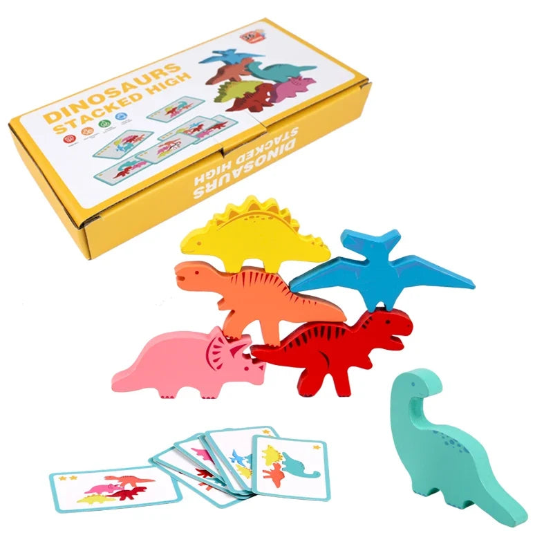 Wooden Dinosaur Stacking Balance Game, Colorful Animal Stacking Blocks Educational Toy for Kids Ages 3+