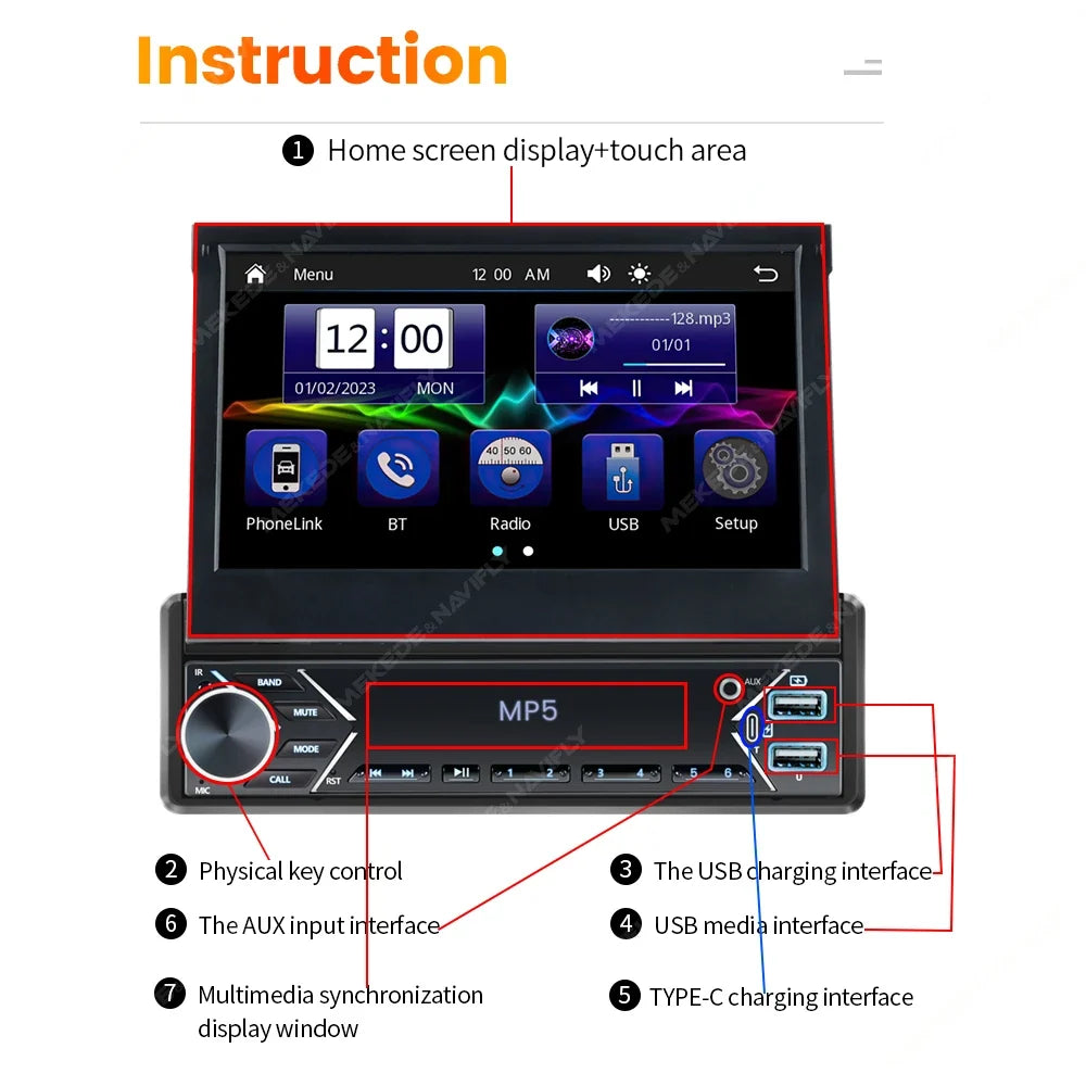 1-DIN 7" Retractable Car Stereo – Touch Screen MP5 Player with CarPlay