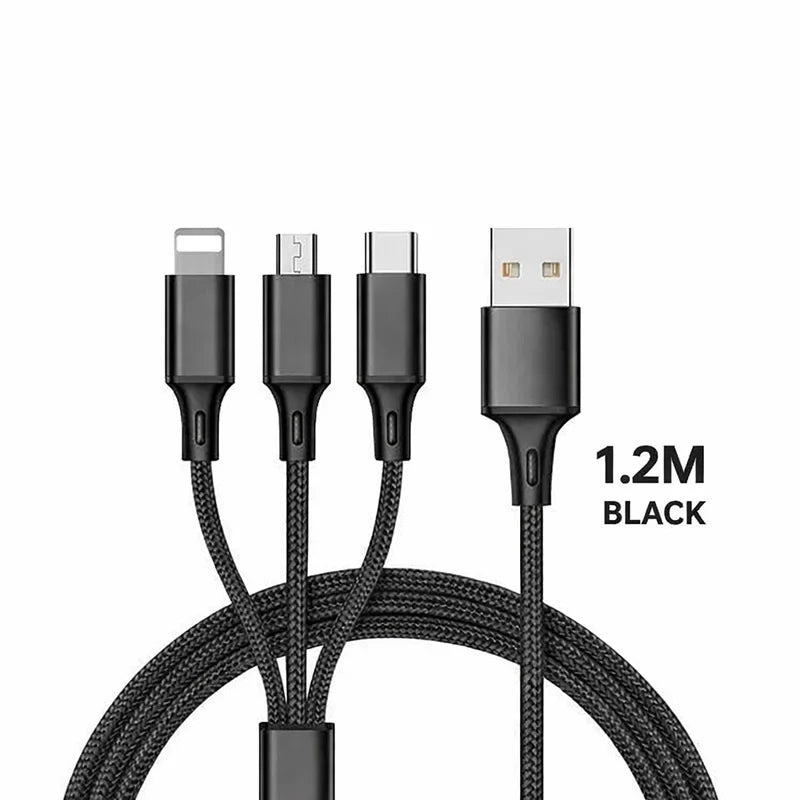 3 in 1 Multi Charging Cable 2.4A Type C Lightning Micro USB Charger Cord 1.2m for iPhone Samsung Xiaomi Android Phone Tablet