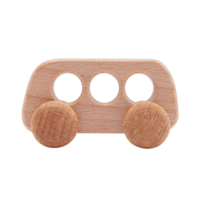 Beech Wood Cartoon Dinosaur Car Teether Montessori Wooden Baby Toy for Teething & Grip Development