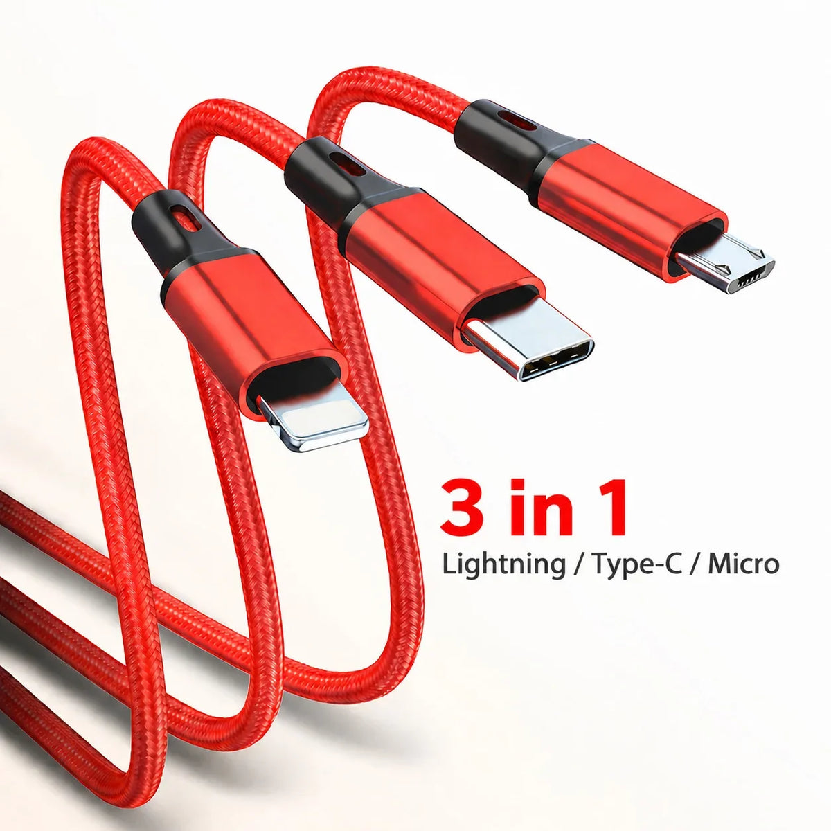 3 in 1 Multi Charging Cable 2.4A Type C Lightning Micro USB Charger Cord 1.2m for iPhone Samsung Xiaomi Android Phone Tablet