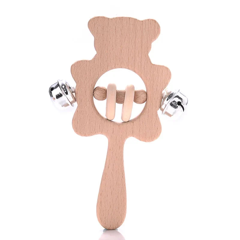 1-Pack Beech Wood Baby Teether - Wooden Animal Ring Nursing Pendant Rattle Chew Toy Rabbit Owl