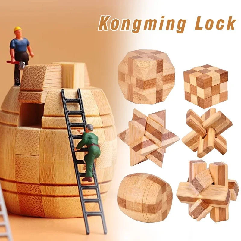 Kong Ming Lock 3D Wooden Brain Teaser Puzzle Interlocking Burr IQ Game for Adults & Kids