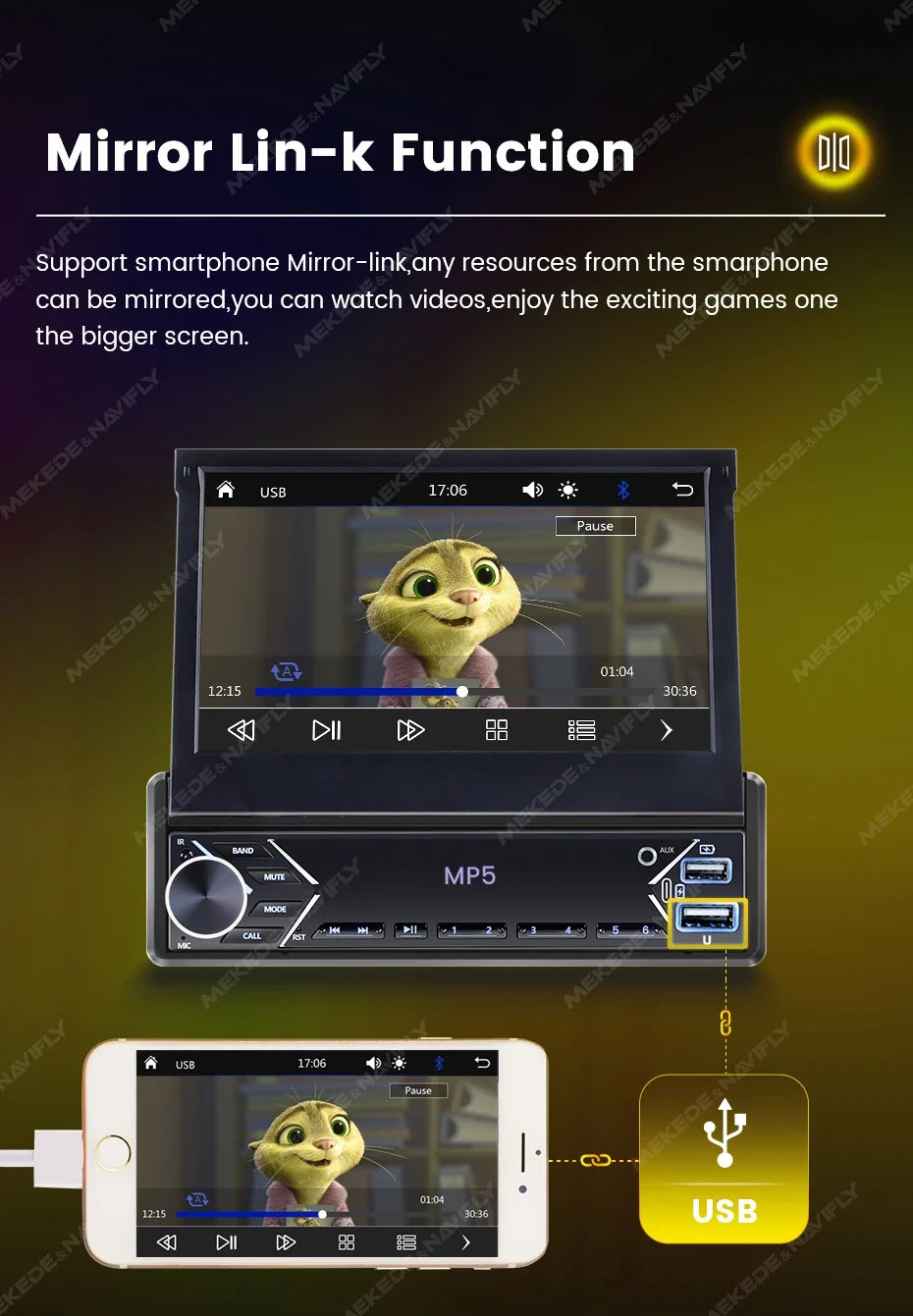 1-DIN 7" Retractable Car Stereo – Touch Screen MP5 Player with CarPlay