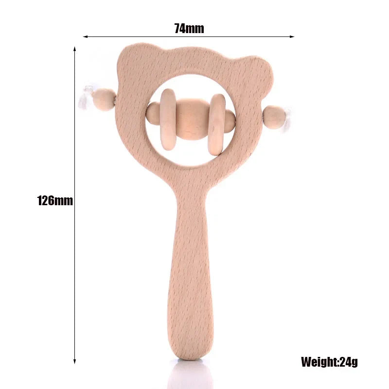 1-Pack Beech Wood Baby Teether - Wooden Animal Ring Nursing Pendant Rattle Chew Toy Rabbit Owl