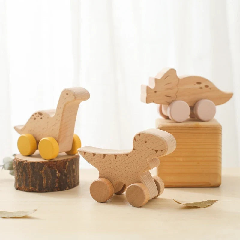 Beech Wood Cartoon Dinosaur Car Teether Montessori Wooden Baby Toy for Teething & Grip Development