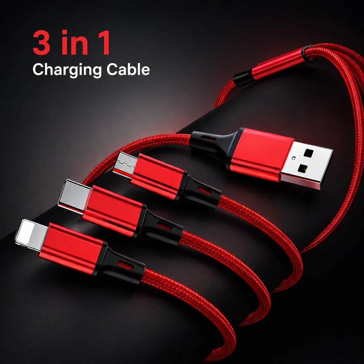 3 in 1 Multi Charging Cable 2.4A Type C Lightning Micro USB Charger Cord 1.2m for iPhone Samsung Xiaomi Android Phone Tablet