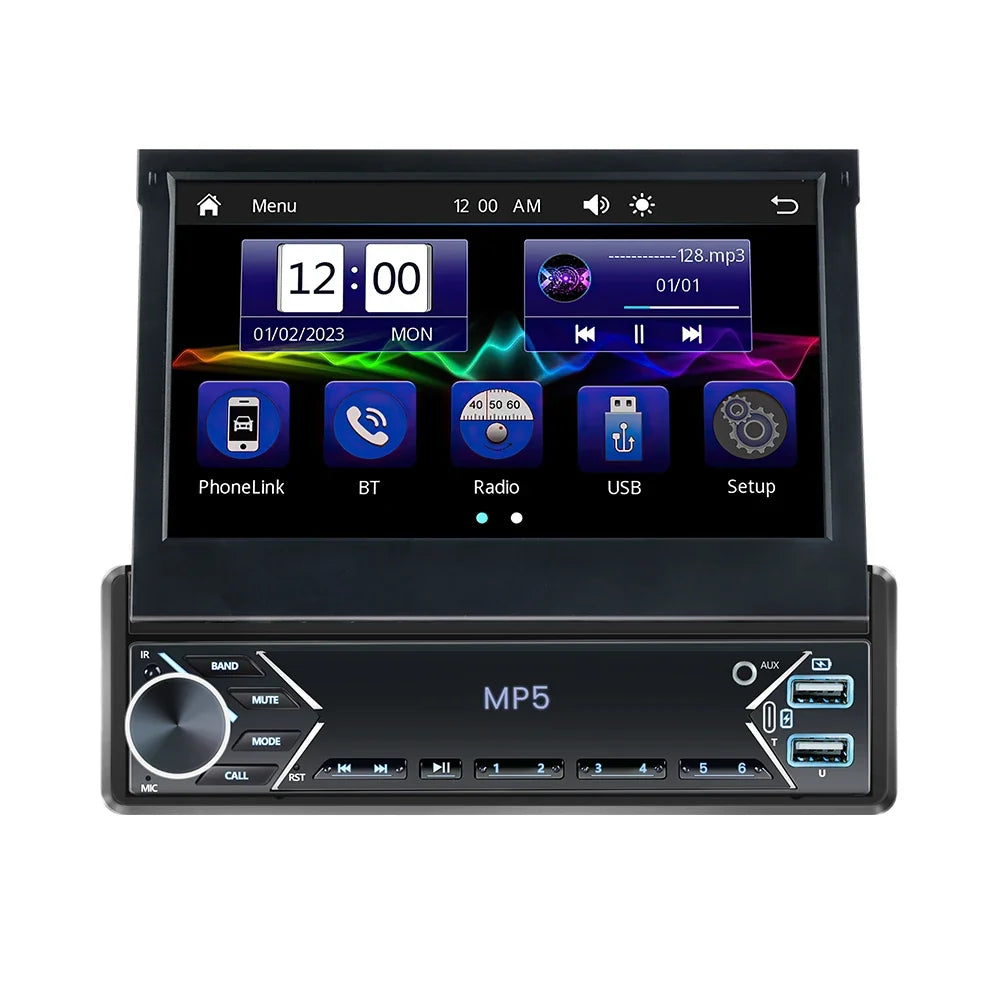 1-DIN 7" Retractable Car Stereo – Touch Screen MP5 Player with CarPlay