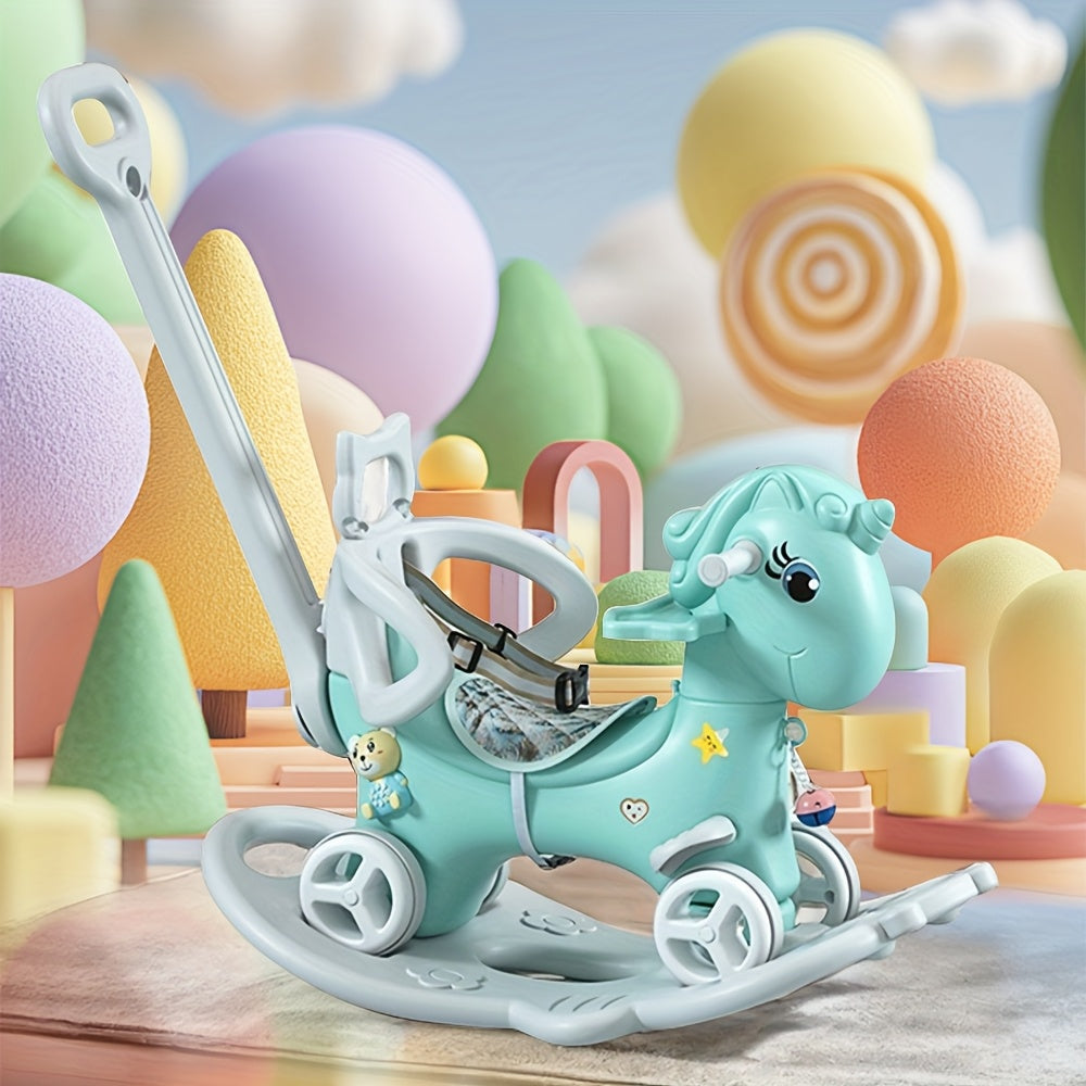 Blue Cartoon Balance Bike Rocking Horse Toddler Ride-On (12+ Months) — Push Handle, Detachable Balance Board & Foot Pedal