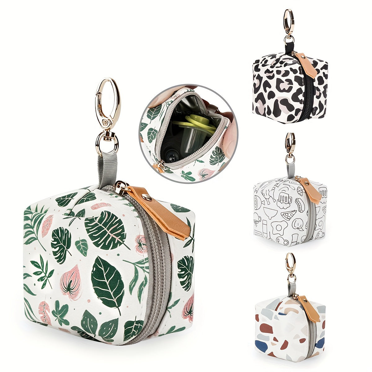 2-Pack Waterproof PU Pacifier Pouch with Keychain Hook - Zip Pocket Stroller & Mommy Bag Organizer