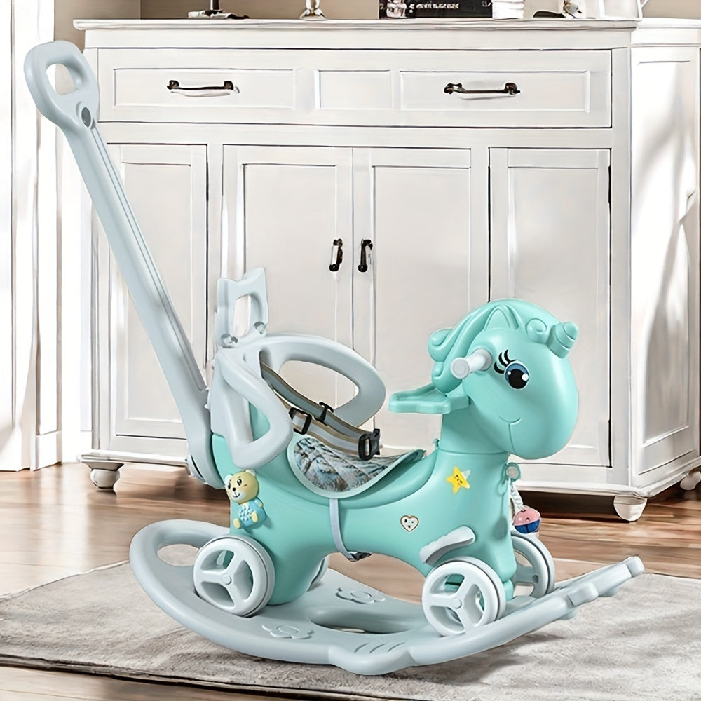 Blue Cartoon Balance Bike Rocking Horse Toddler Ride-On (12+ Months) — Push Handle, Detachable Balance Board & Foot Pedal