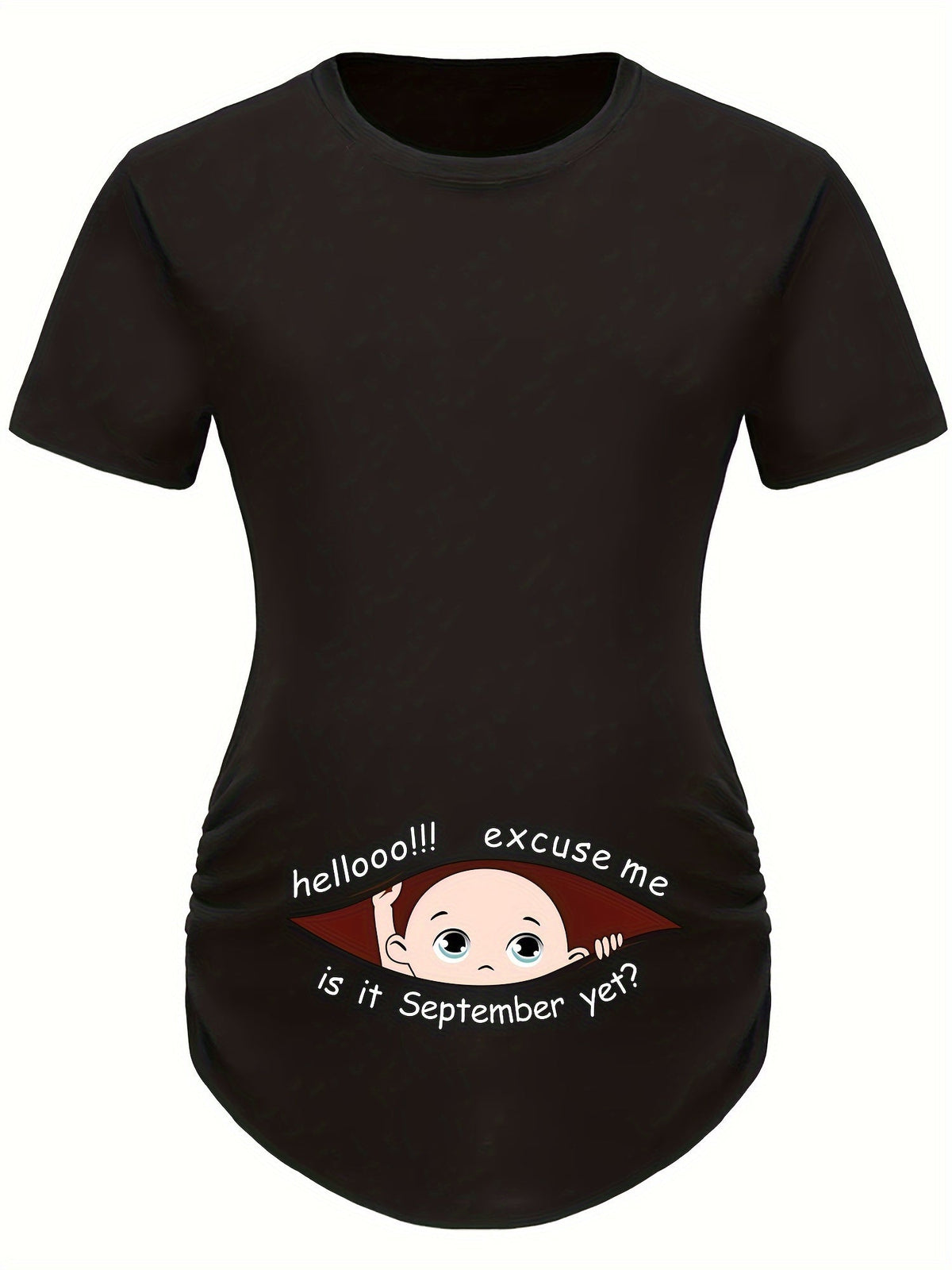 Hello Month & Cartoon Character Print Maternity T-Shirt, Round Neck Short Sleeve Pregnant Women's Top for Pregnancy Announcement - Comfortable Fit