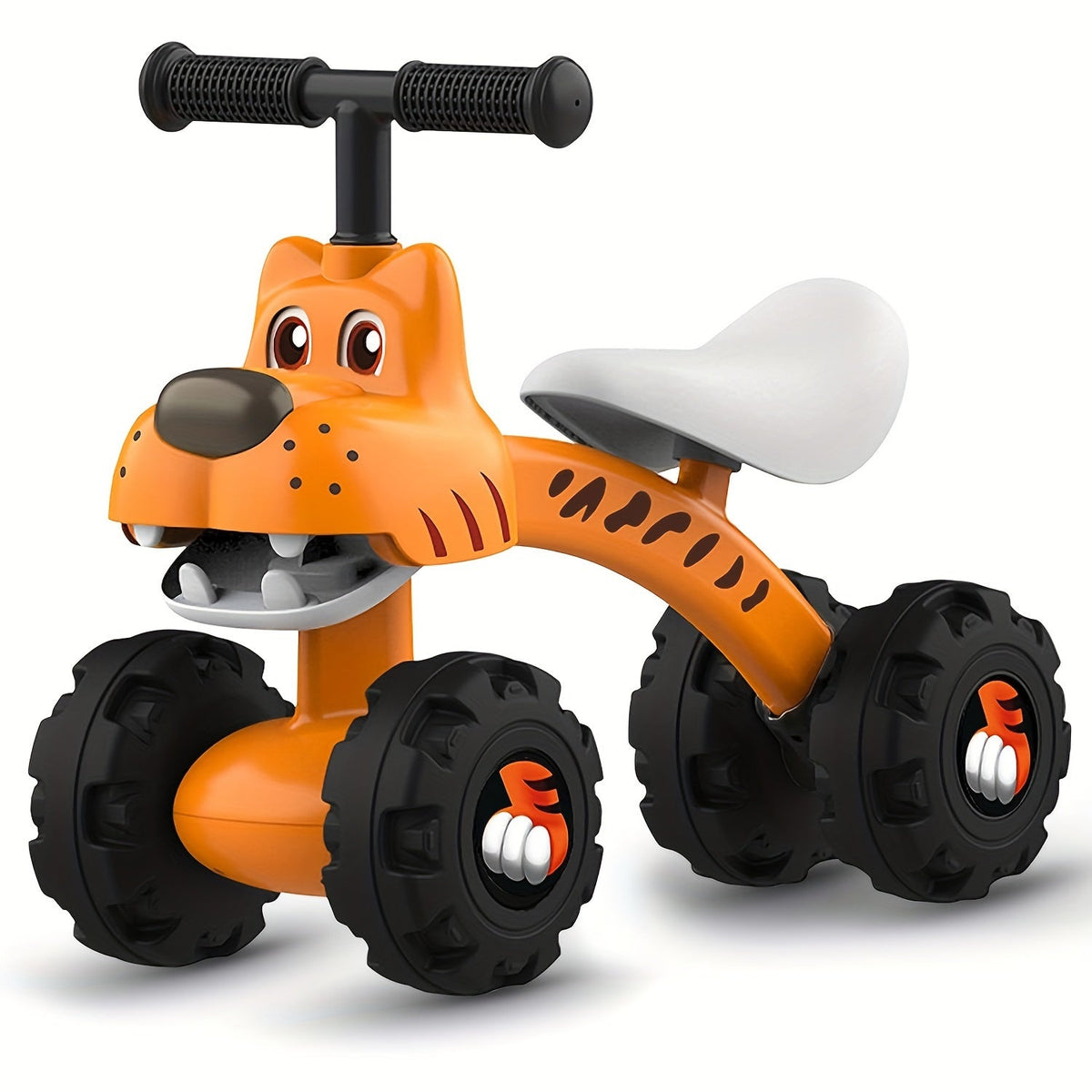 Toddler 4-Wheel Balance Bike (12–24 Months) — Tiger Design, 9 in Wide All-Terrain Wheels, Safety Belt, Non-Toxic No-Pedal Ride-On, Easy Assembly