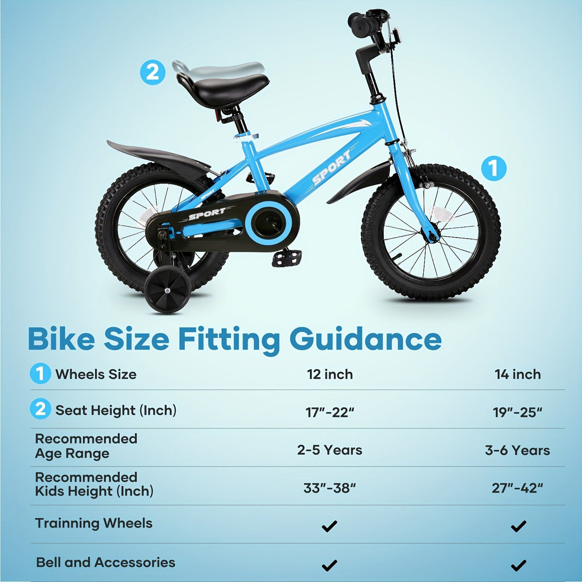12/14/16/18-Inch Kids Bike with Training Wheels – Children's Bicycle for Ages 2–10, Fits 35–45 in (89–114 cm) Height, Boys & Girls